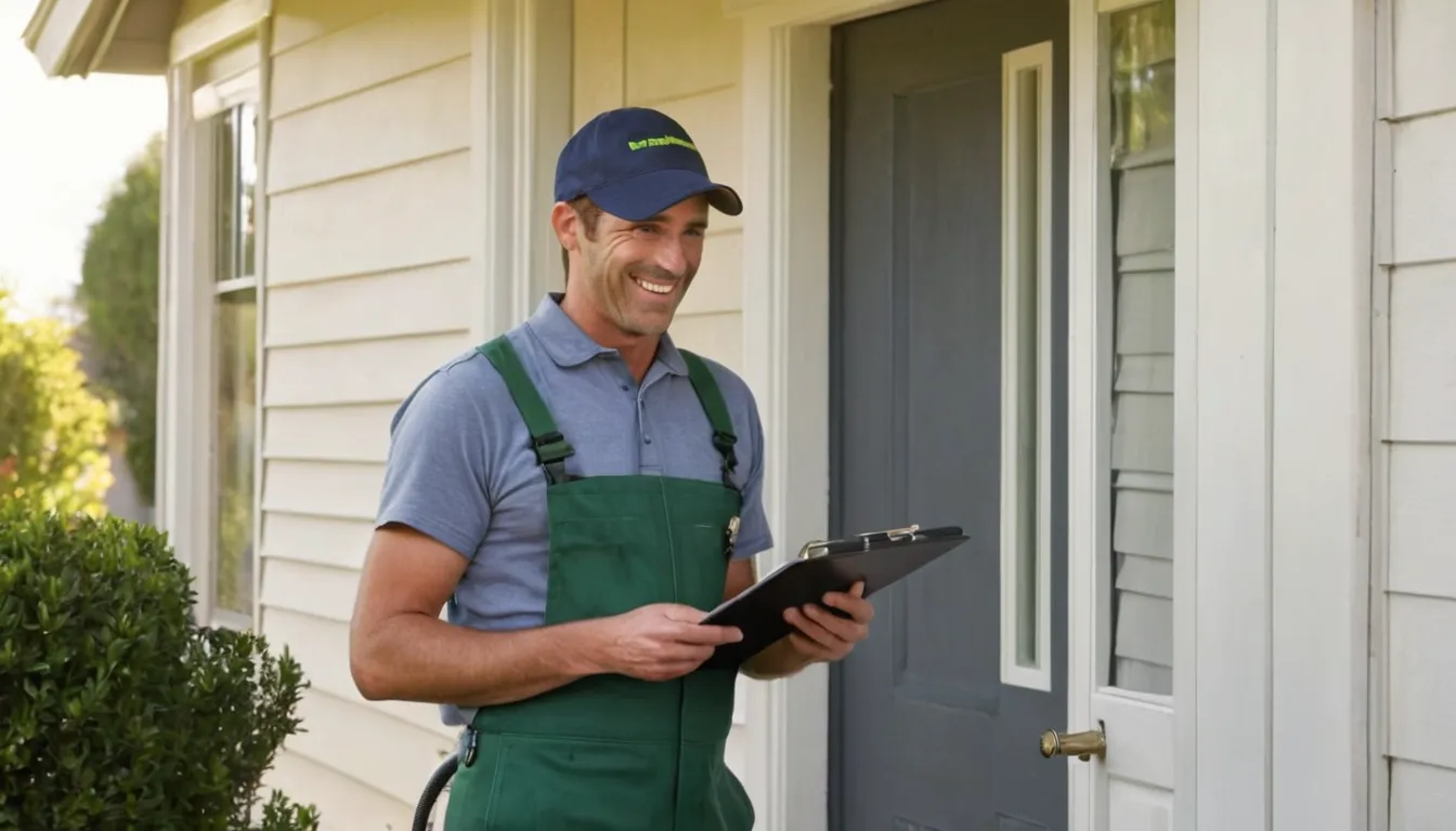 A friendly pest control provider talking with a homeowner at the front door of a house in Aurora
